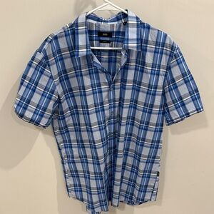 BOSS Blue and White Plaid Short-Sleeve Button-Down Shirt
